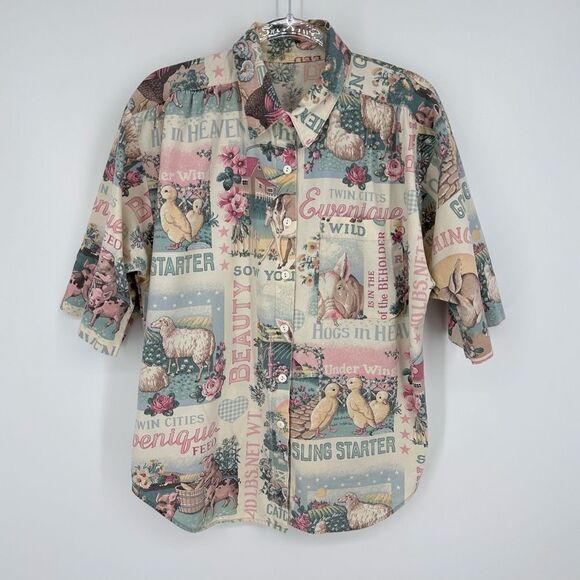 Vintage Farm Print Button Up Shirt Tan Pink Cottagecore Women’s Size Large - Picture 2 of 8
